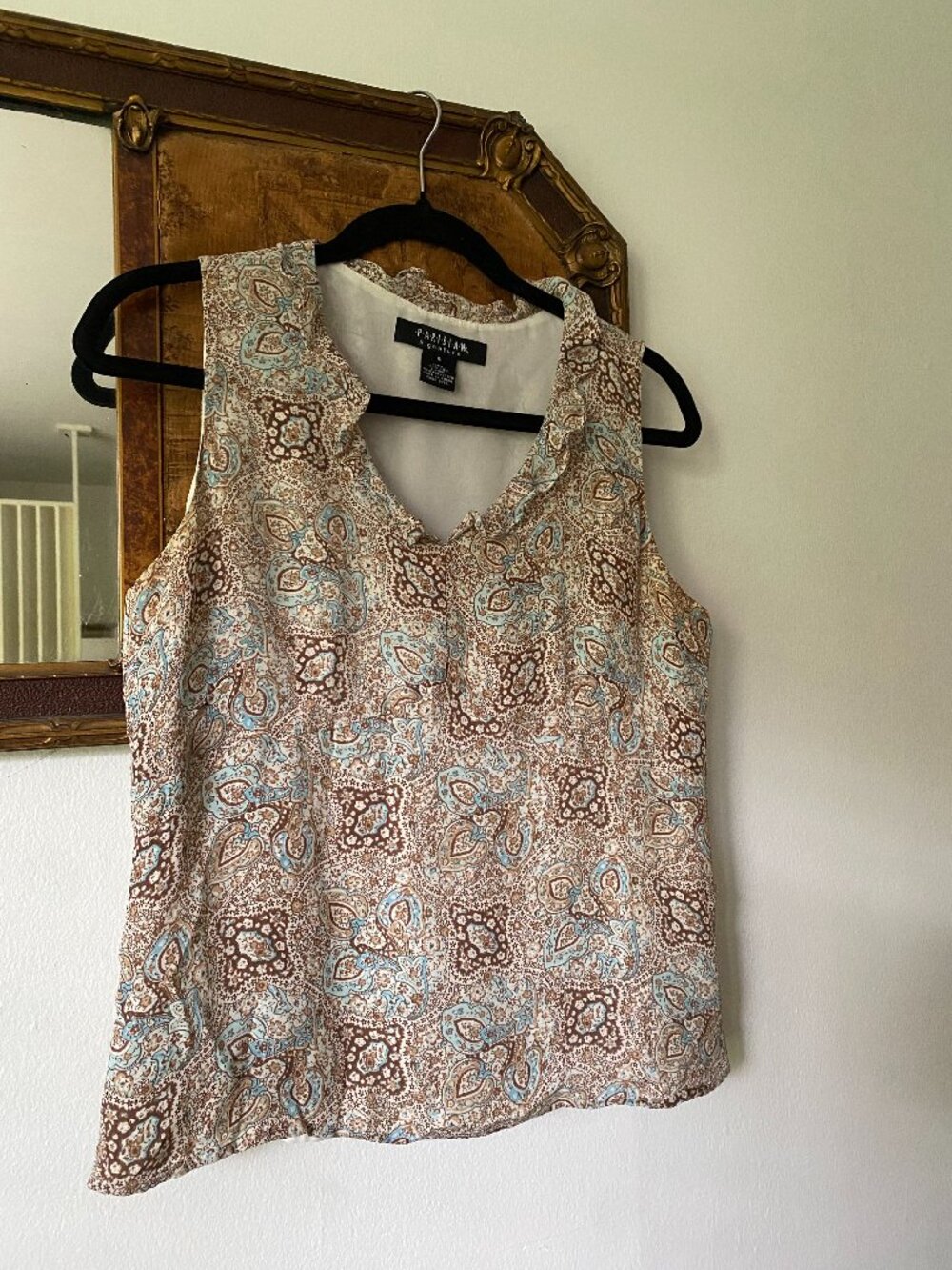 Vintage y2k 100% Silk Blue Brown Paisley Ruffle Tank Top Boho Fairy Size 8